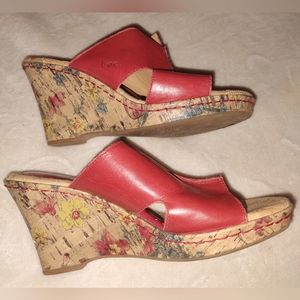 Red Leather Floral Cork Bottom Wedges